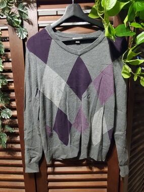 Gray and Purple Argyle V-Neck Sweater